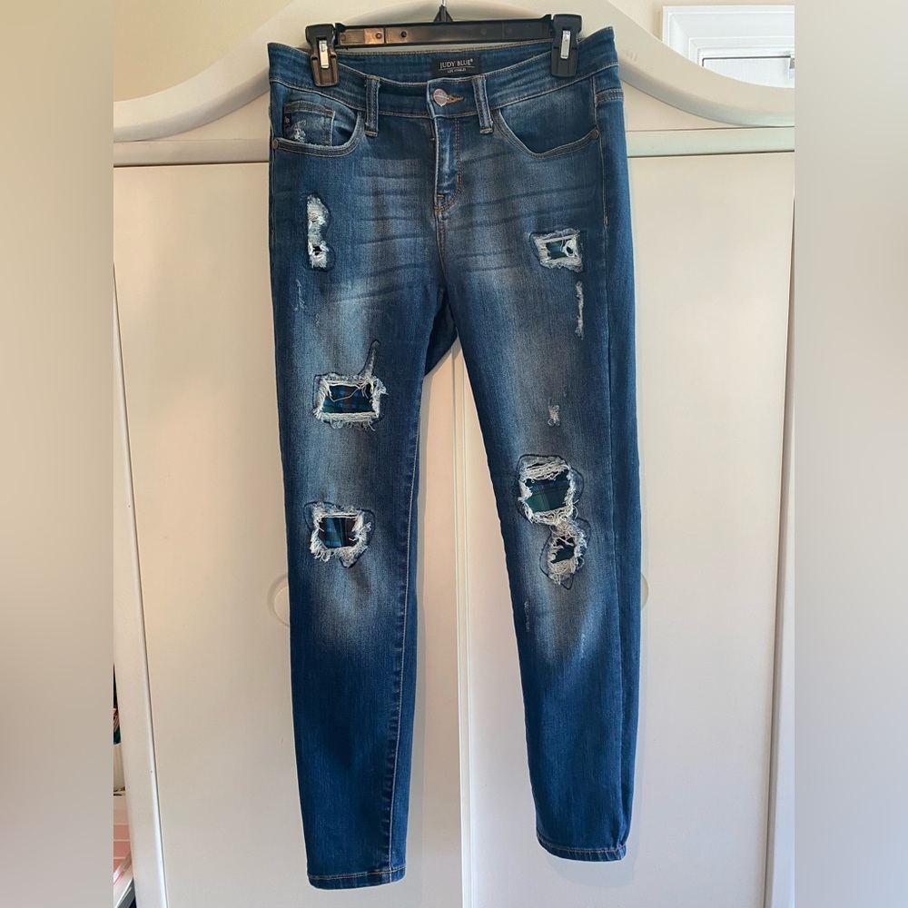 Judy Blue Distressed Skinny Jeans - Dark Blue PLAID details